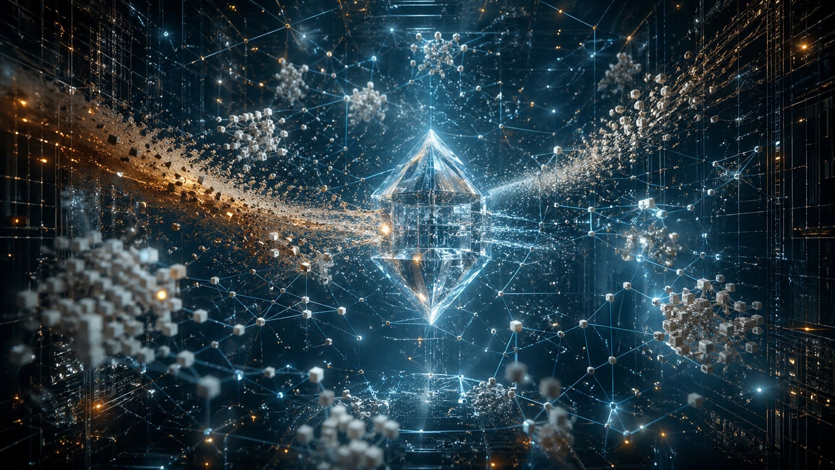 A glowing crystal suspended in a dark networked chamber while streams of particles and data move around it.