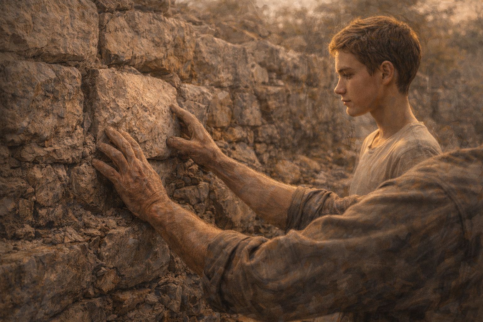 A child and an older person's hands placing a stone into a rough stone wall outdoors.