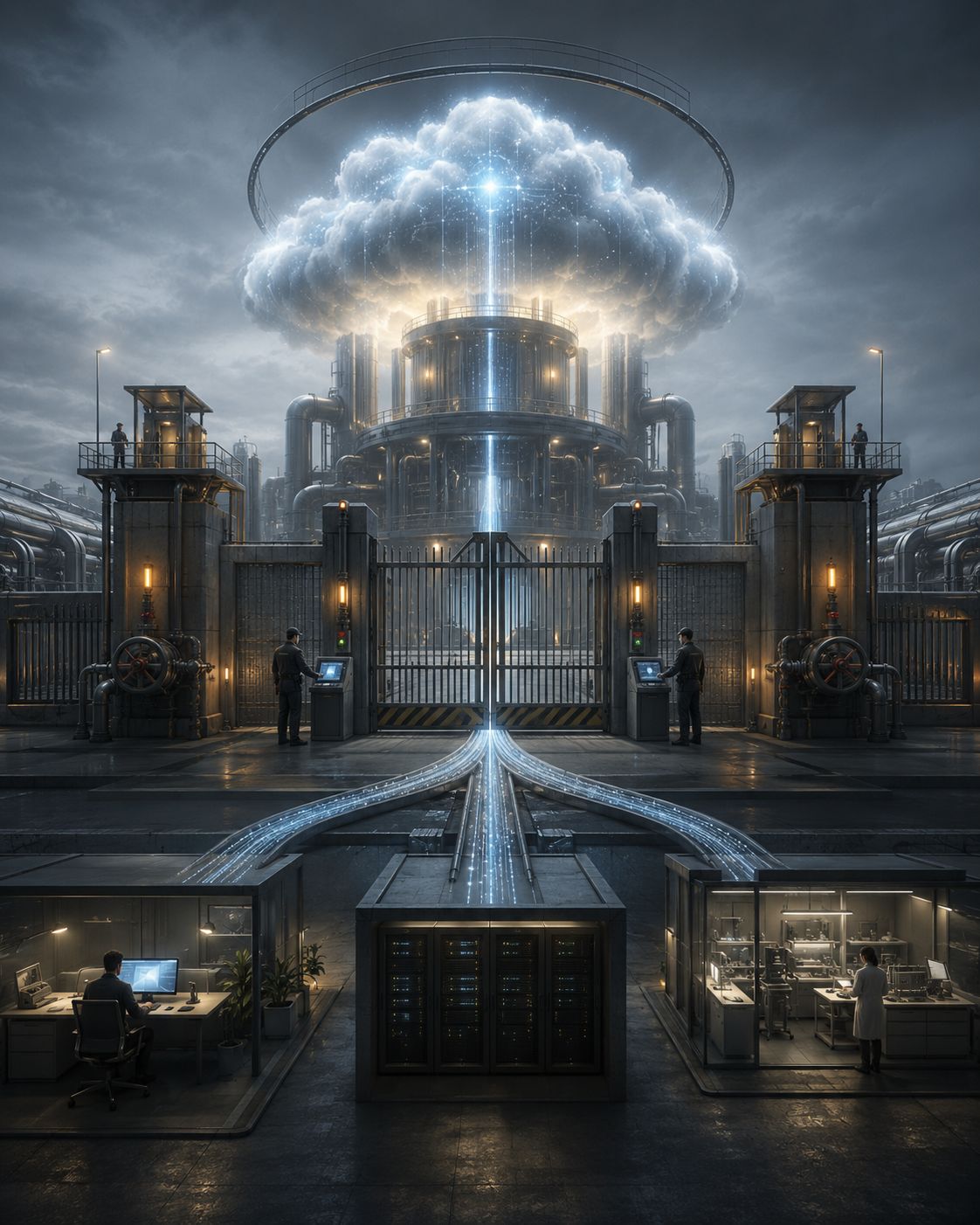 Industrial AI facility with a glowing cloud-like structure above guarded gates, server racks, and data streams.