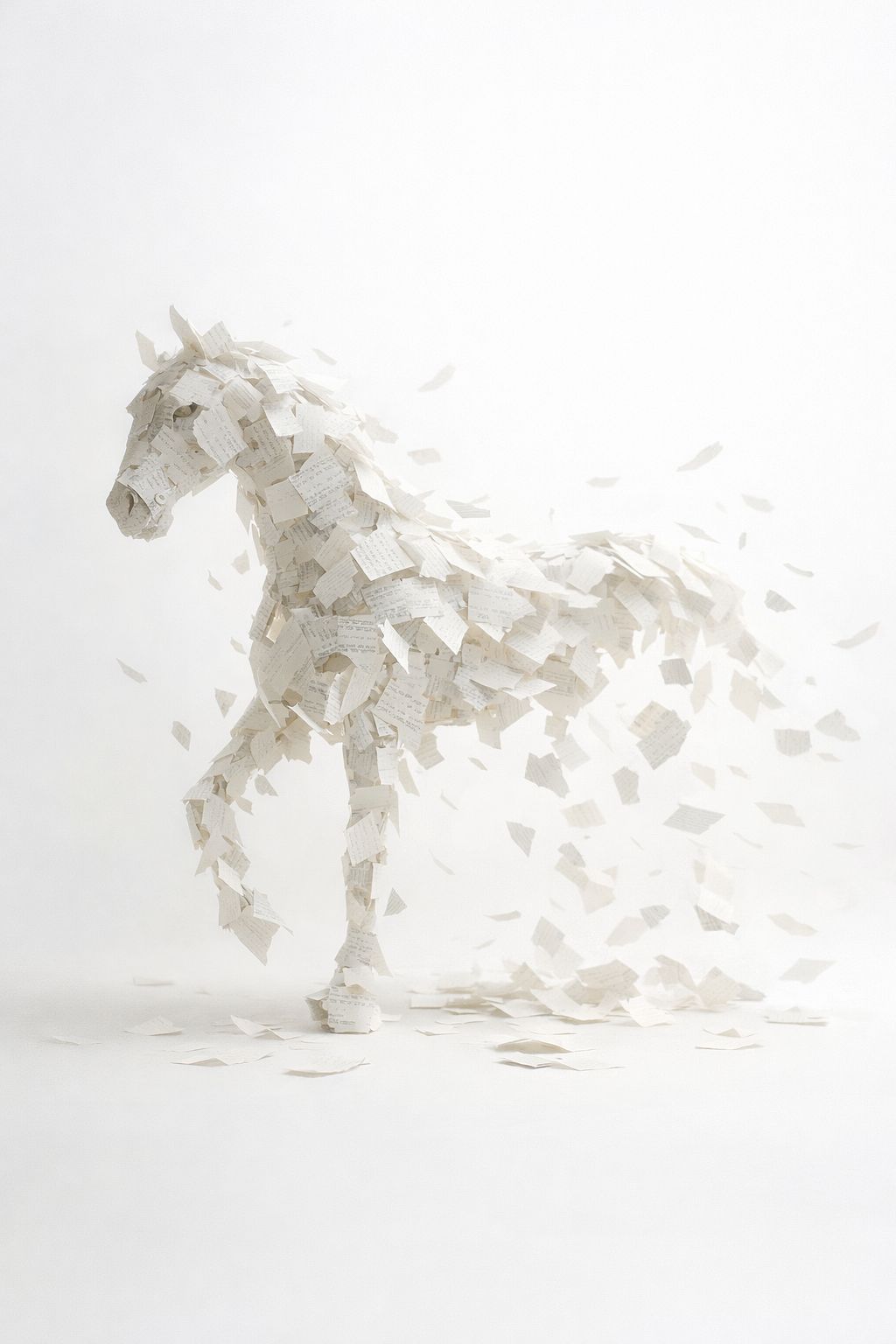 A horse-shaped figure made of scattered paper sheets against a bright white background.
