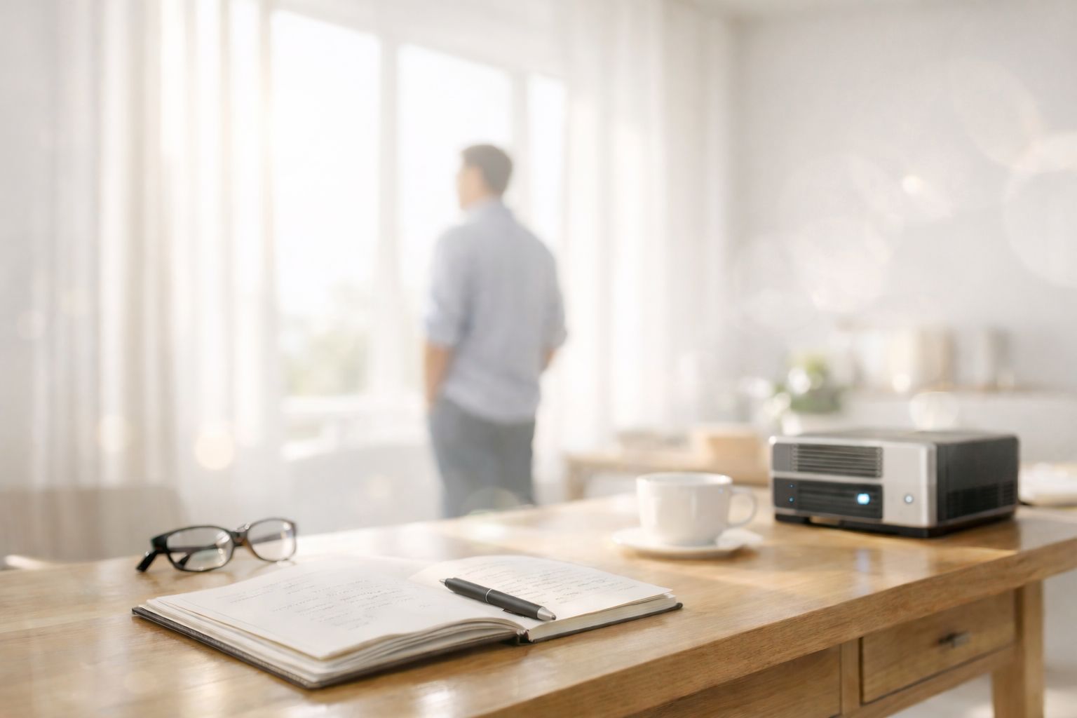 An open notebook and glasses on a desk beside a small desktop computer, with a person standing blurred near a bright window.