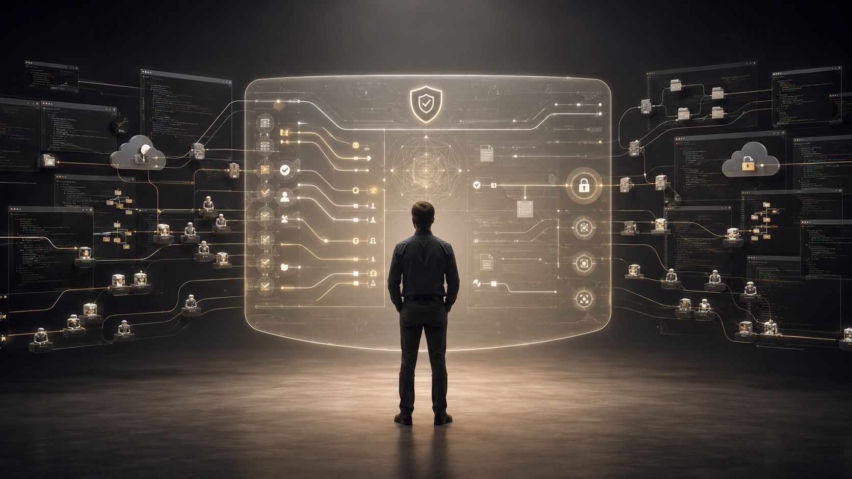 A person stands before a glowing governance interface connected to code windows, agent nodes, cloud locks, and security icons.