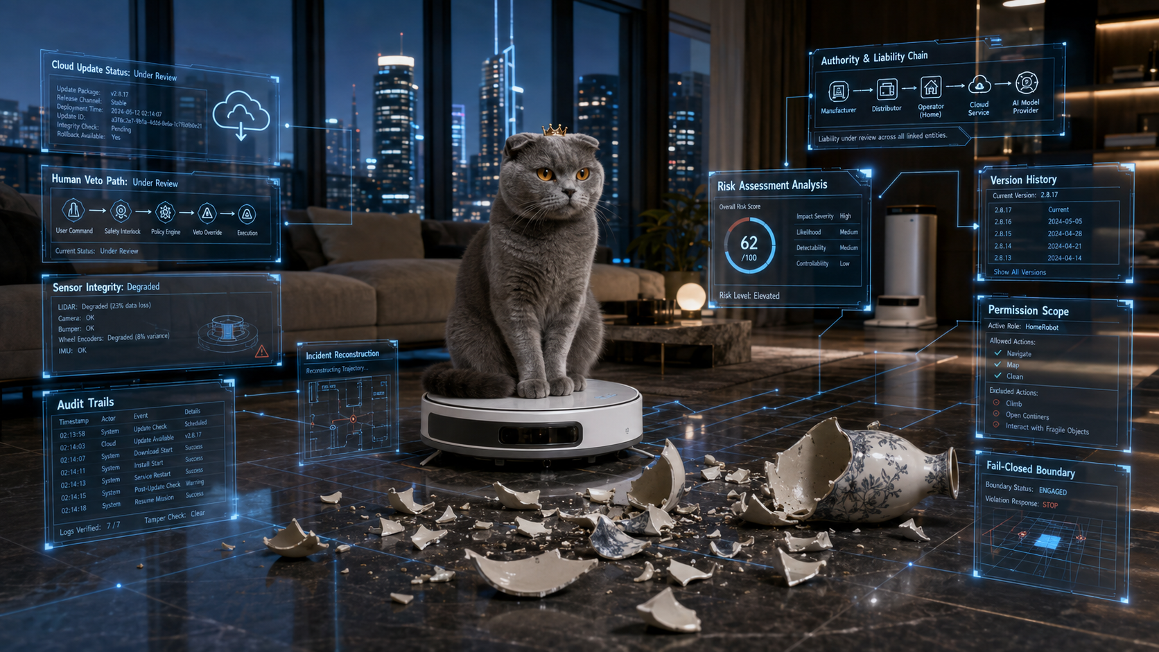 Gray cat wearing a small crown on a robot vacuum beside a broken vase and floating system dashboards.