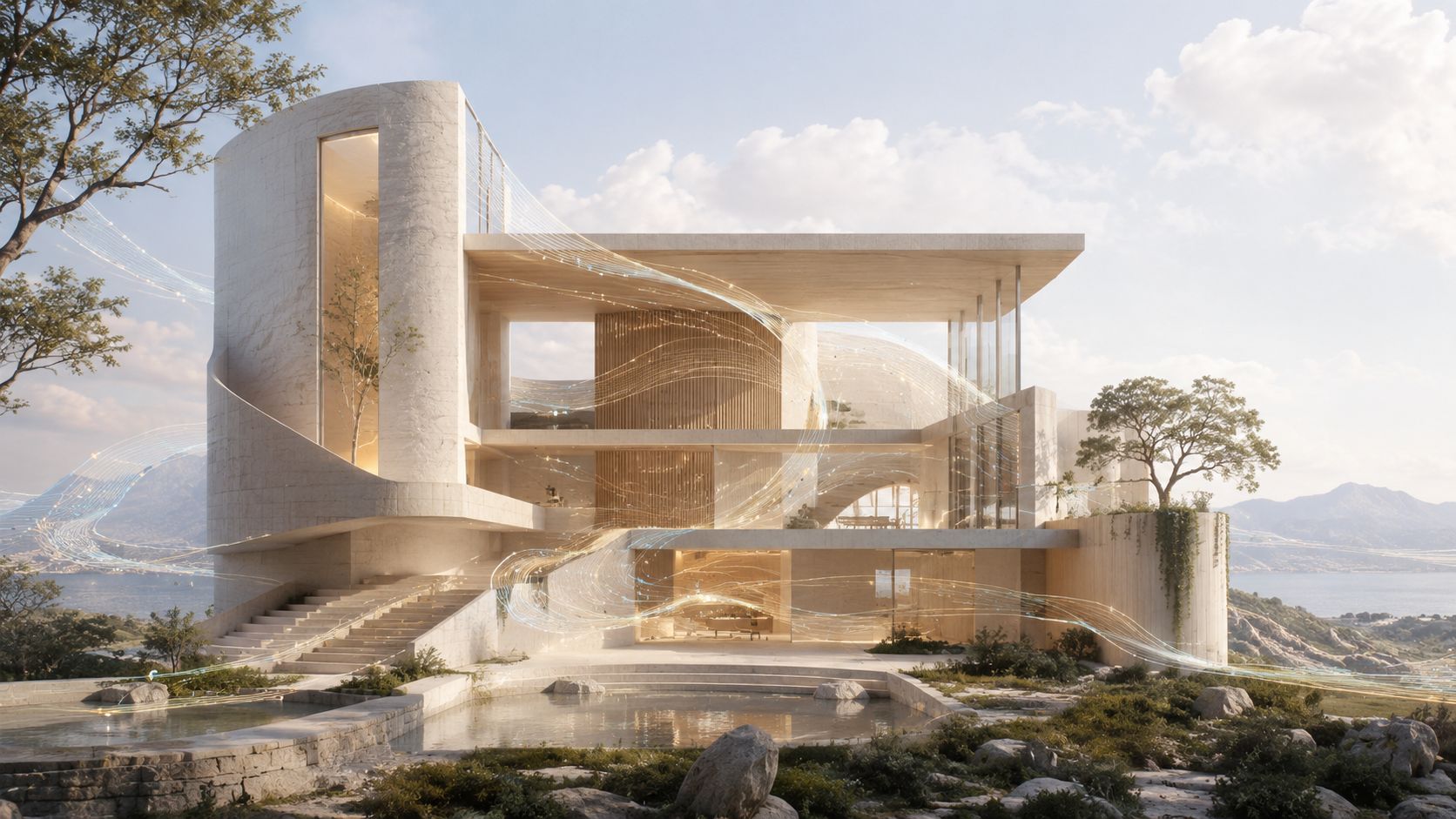 Modern coastal building with luminous data streams moving through the architecture.