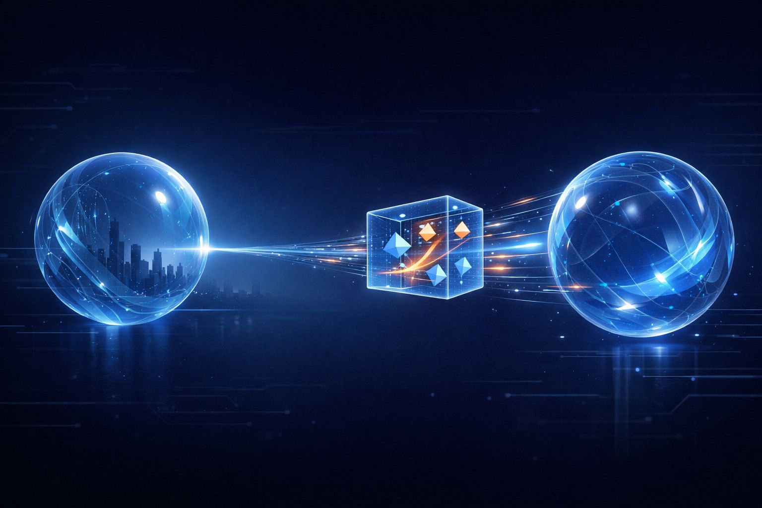 Graphic showing two glowing blue spheres connected through a transparent cube with geometric shapes inside.