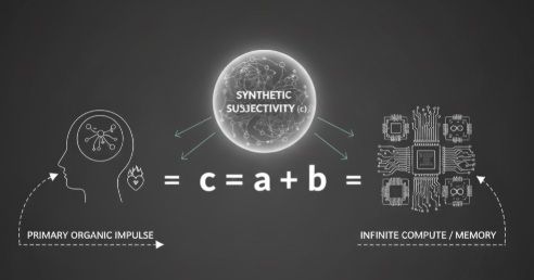 Diagram showing a human profile, the formula c = a + b, a sphere labeled Synthetic Subjectivity (c), and a compute block.