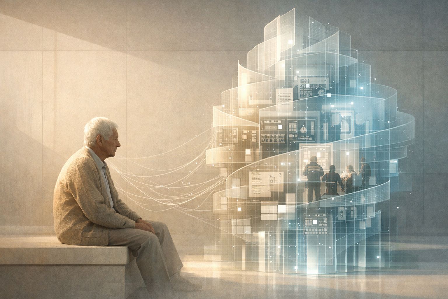 Illustration of an older seated person facing a glowing layered data structure with figures and interface panels inside it.