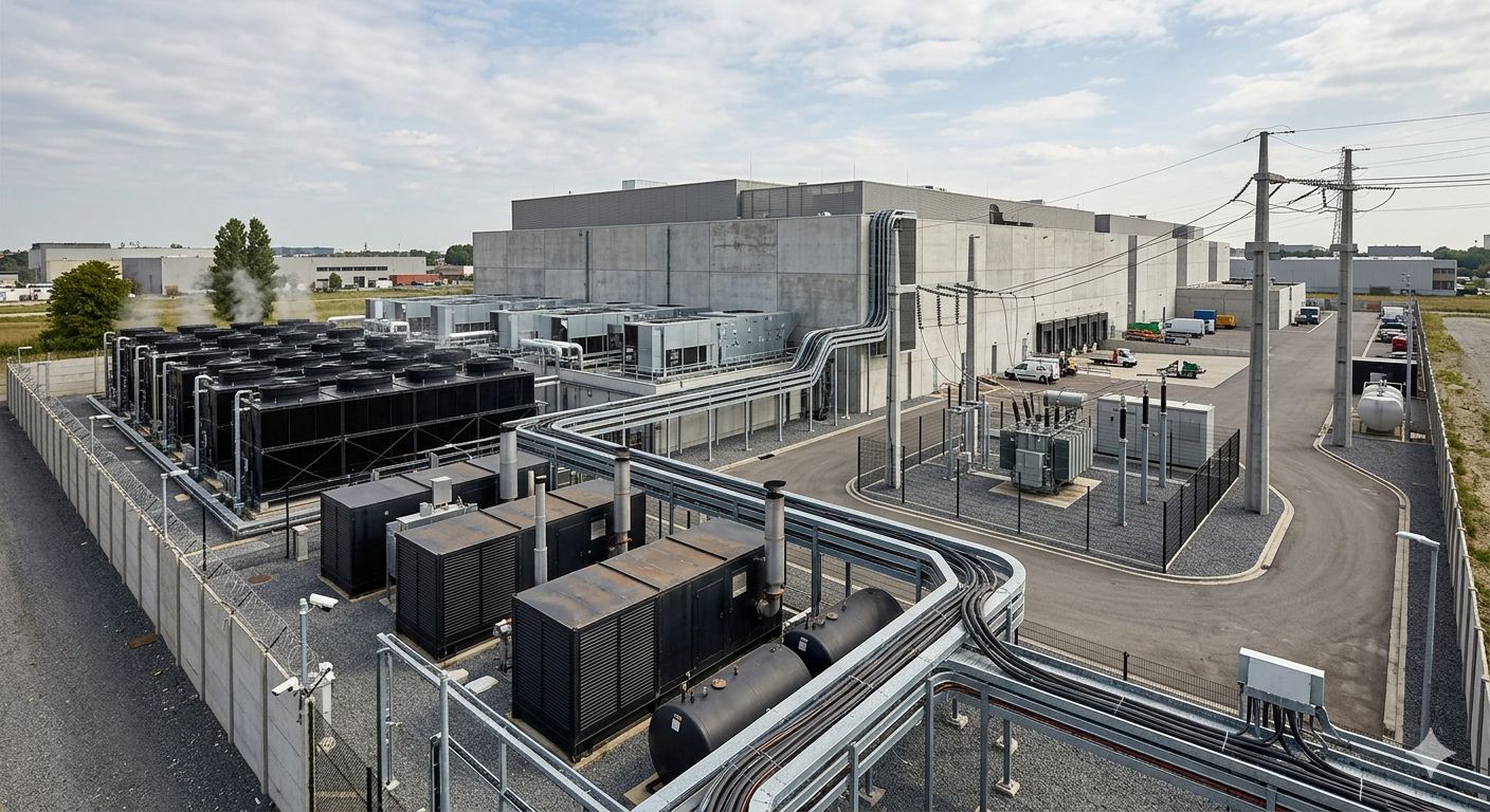 An industrial data center facility with cooling units, generators, piping, and power infrastructure beside a large concrete building.