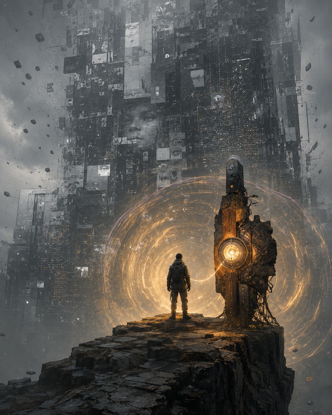 Person facing a glowing circular gate before a vast wall of fragmented images, faces, and digital panels.