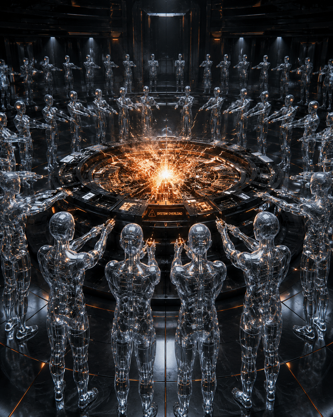 Rows of transparent humanoid robots surrounding a glowing overloaded central system.