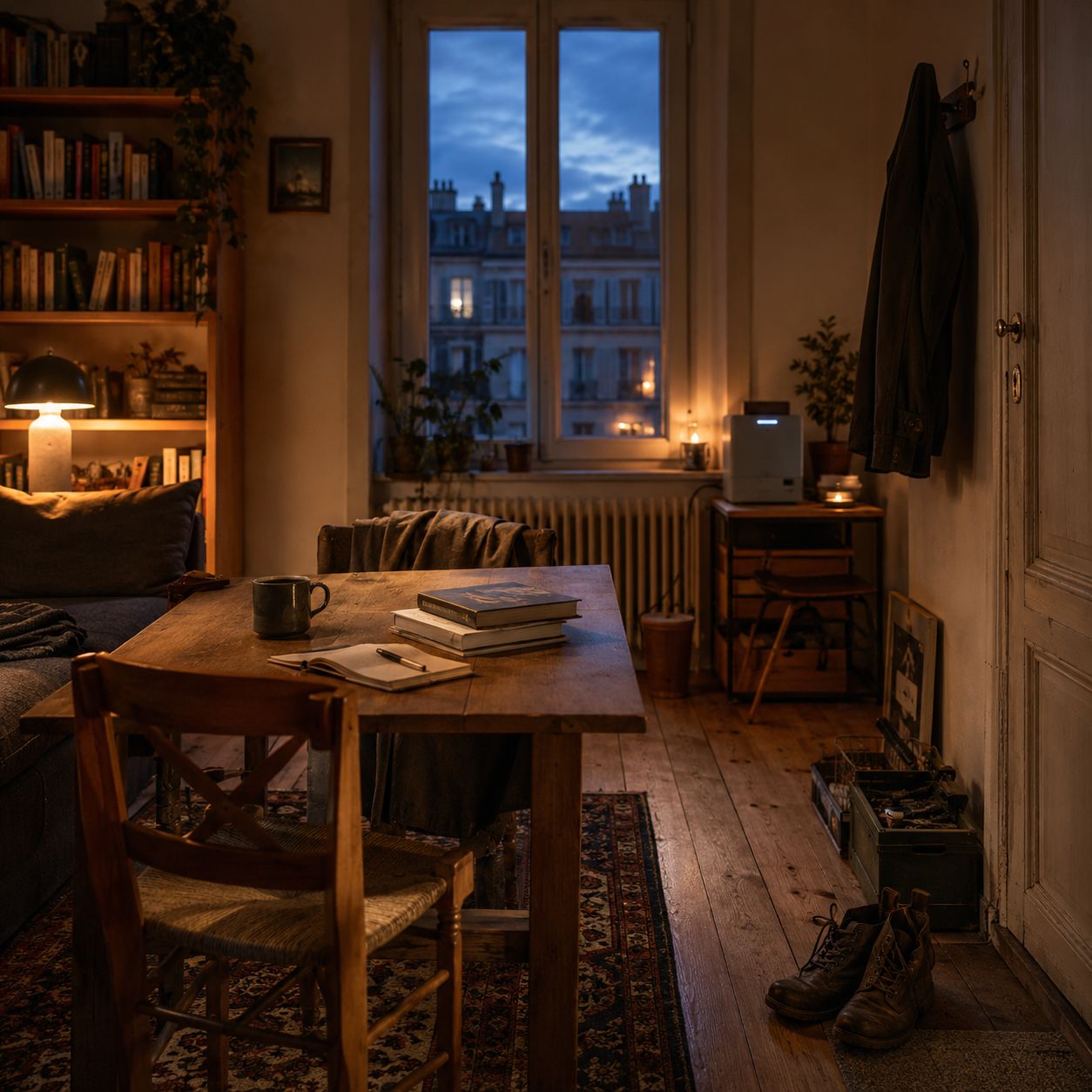 A warm apartment room with books, a wooden table, notebooks, boots, and a small device near a window at dusk.