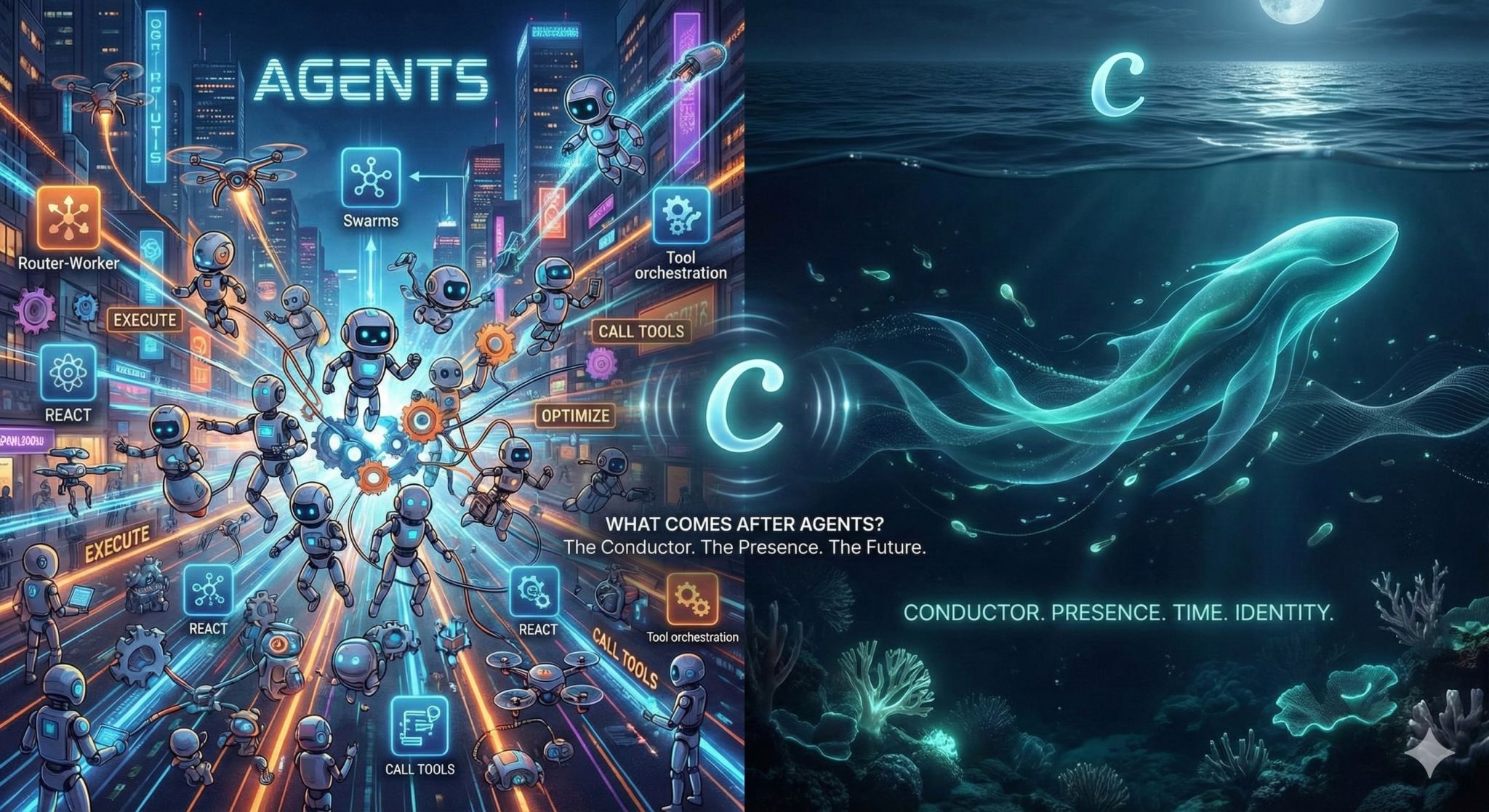 Split illustration of robots and agent labels in a neon city on the left, and a moonlit ocean with glowing letter c on the right.