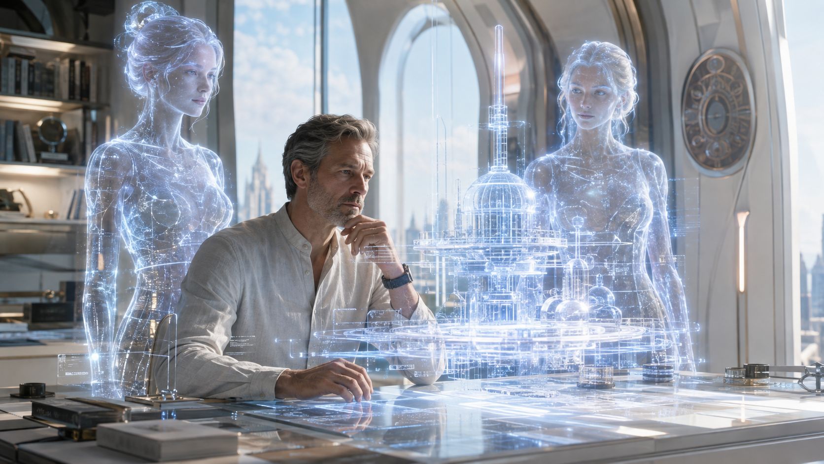 Seated person studying a glowing architectural hologram between two translucent humanoid figures in a bright room.