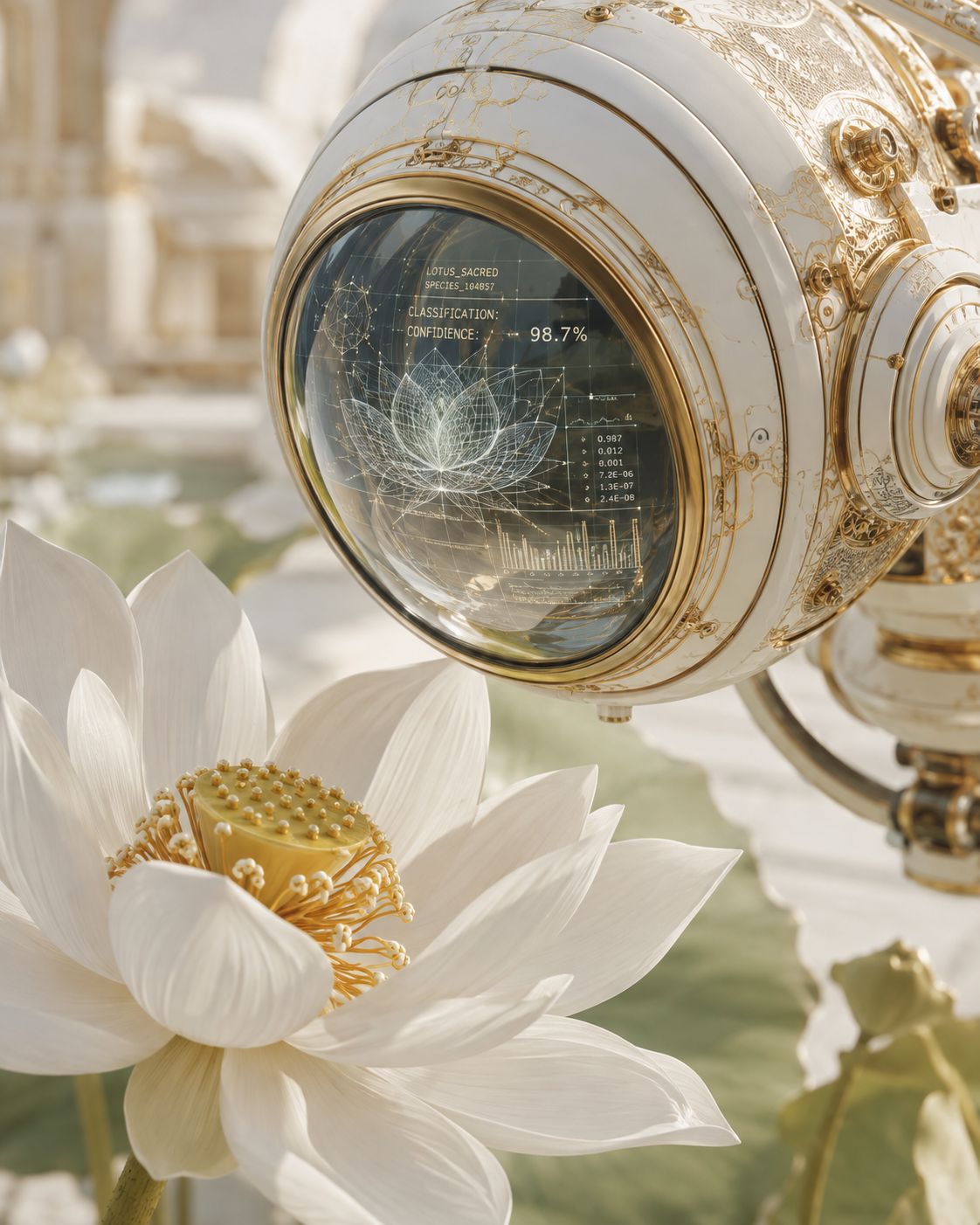 White-and-gold robotic sensor examining a white lotus beside a confidence display.