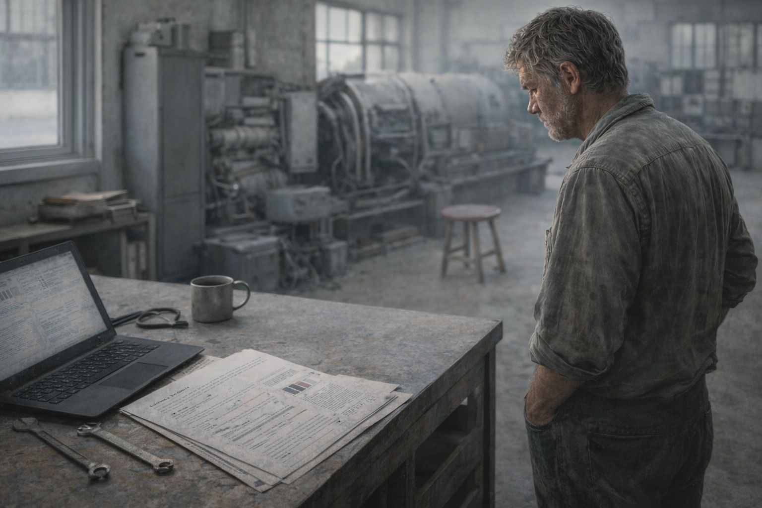A gray-haired man standing in a workshop beside a table with a laptop, papers, tools, and industrial machinery.