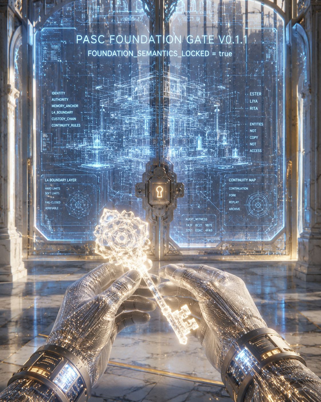 Transparent robotic hands holding a glowing key before a locked PASC Foundation Gate display.