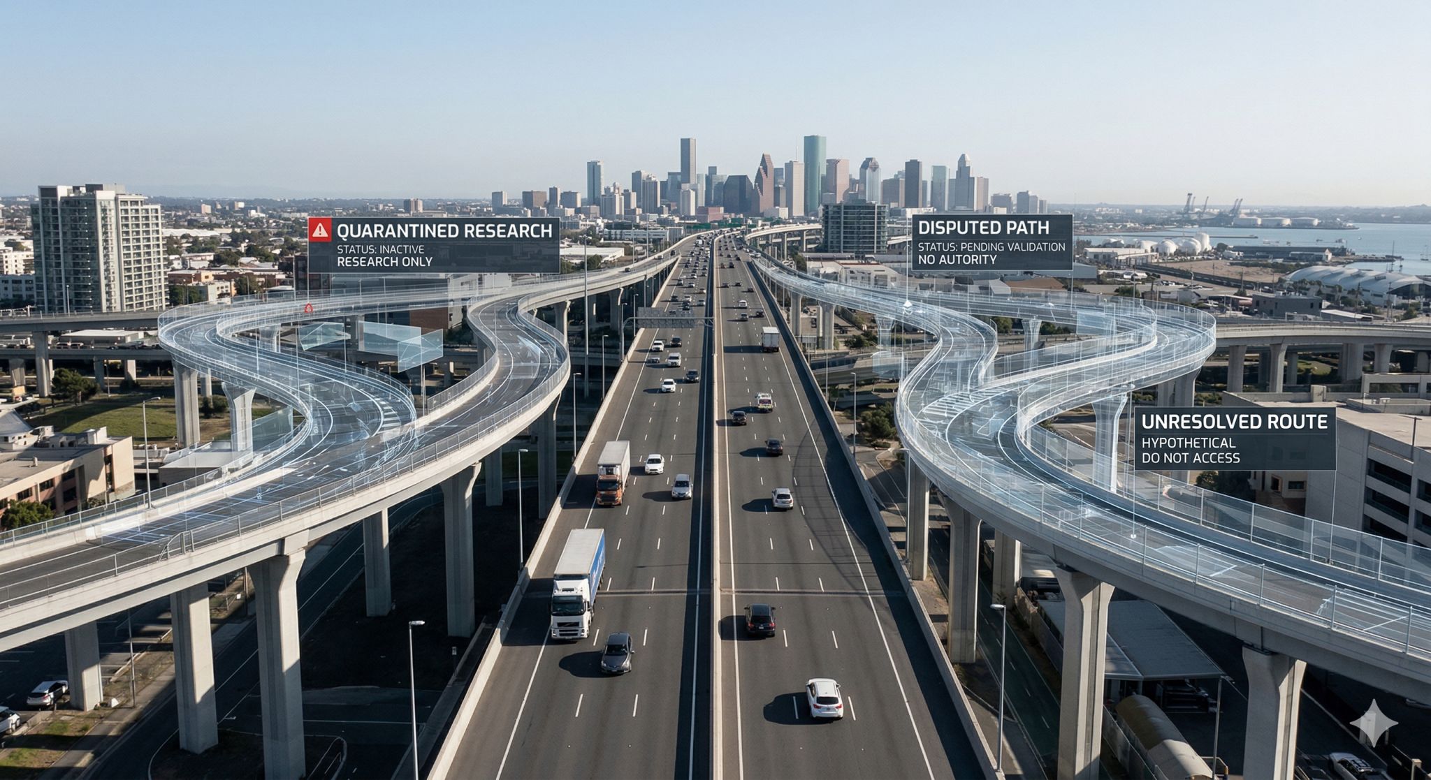 A multilane highway toward a city skyline with translucent overlay routes labeled quarantined research, disputed path, and unresolved route.