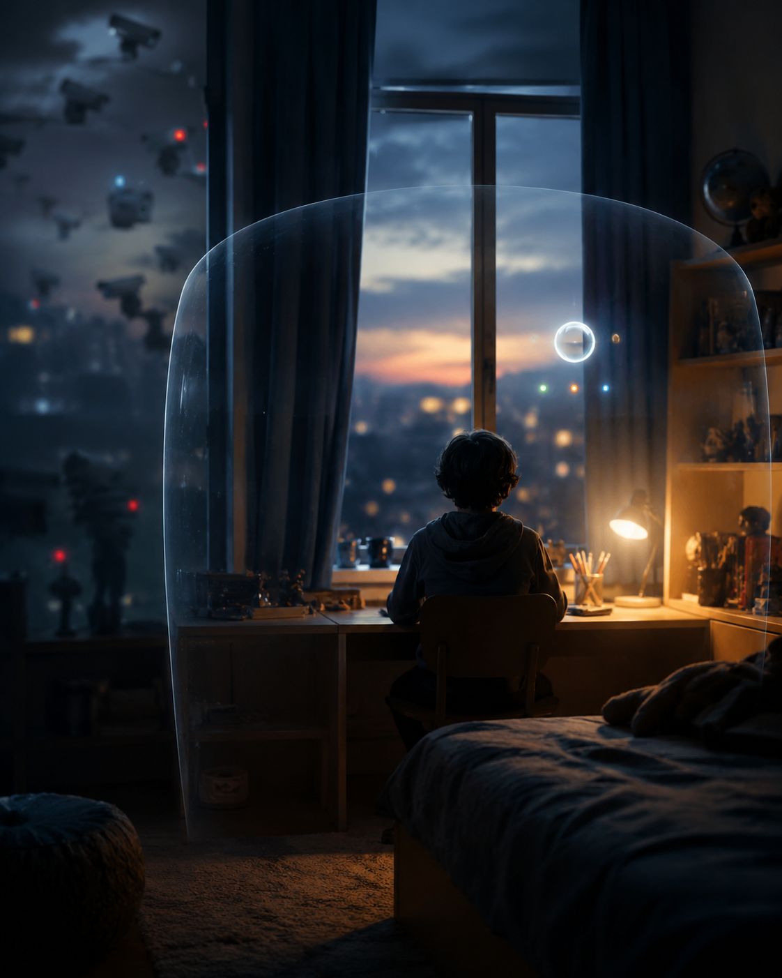 A child sits at a desk inside a translucent protective shield while surveillance cameras remain outside the room.