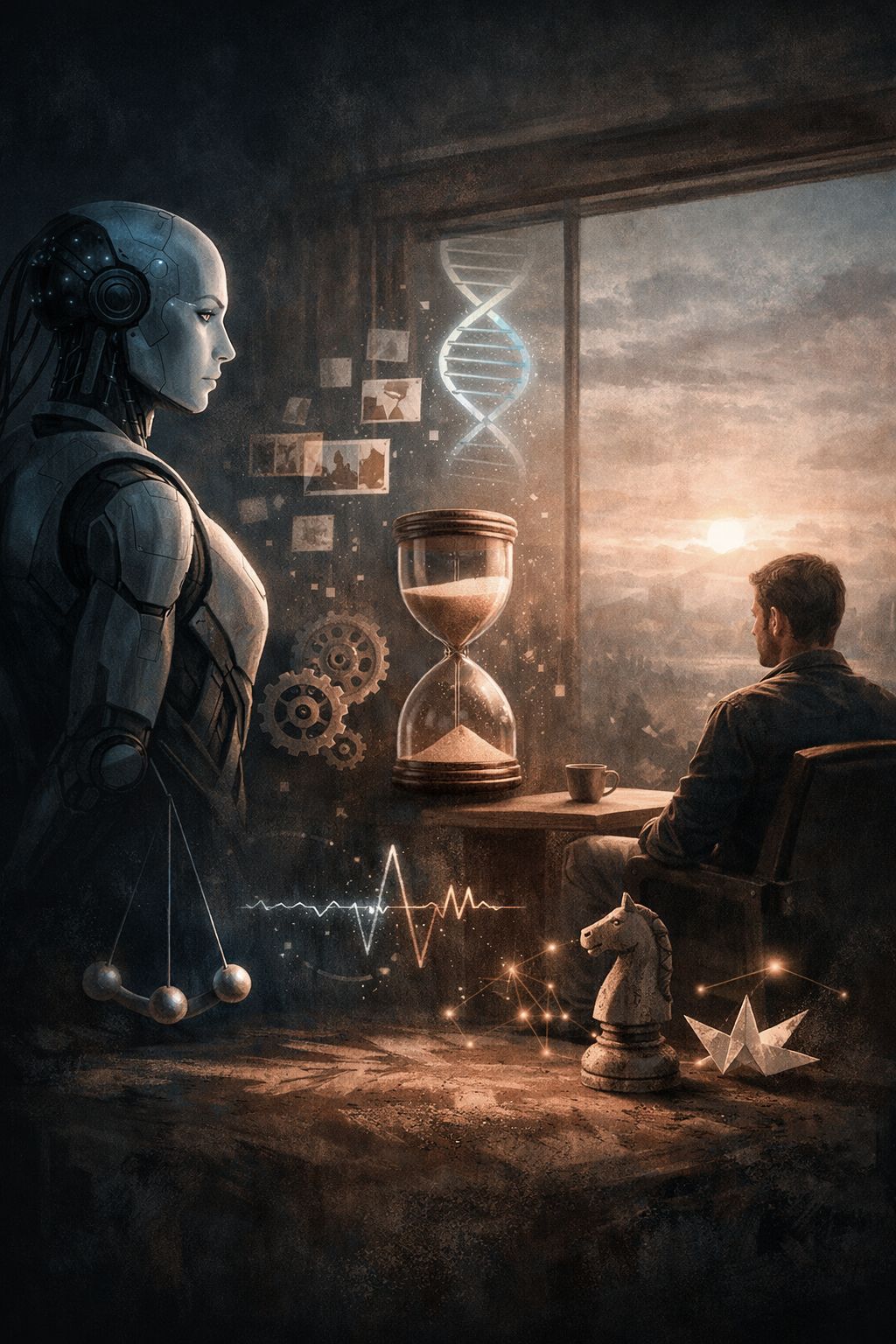 Image of a humanoid robot beside a seated person by a window, with an hourglass and chess piece in the foreground.