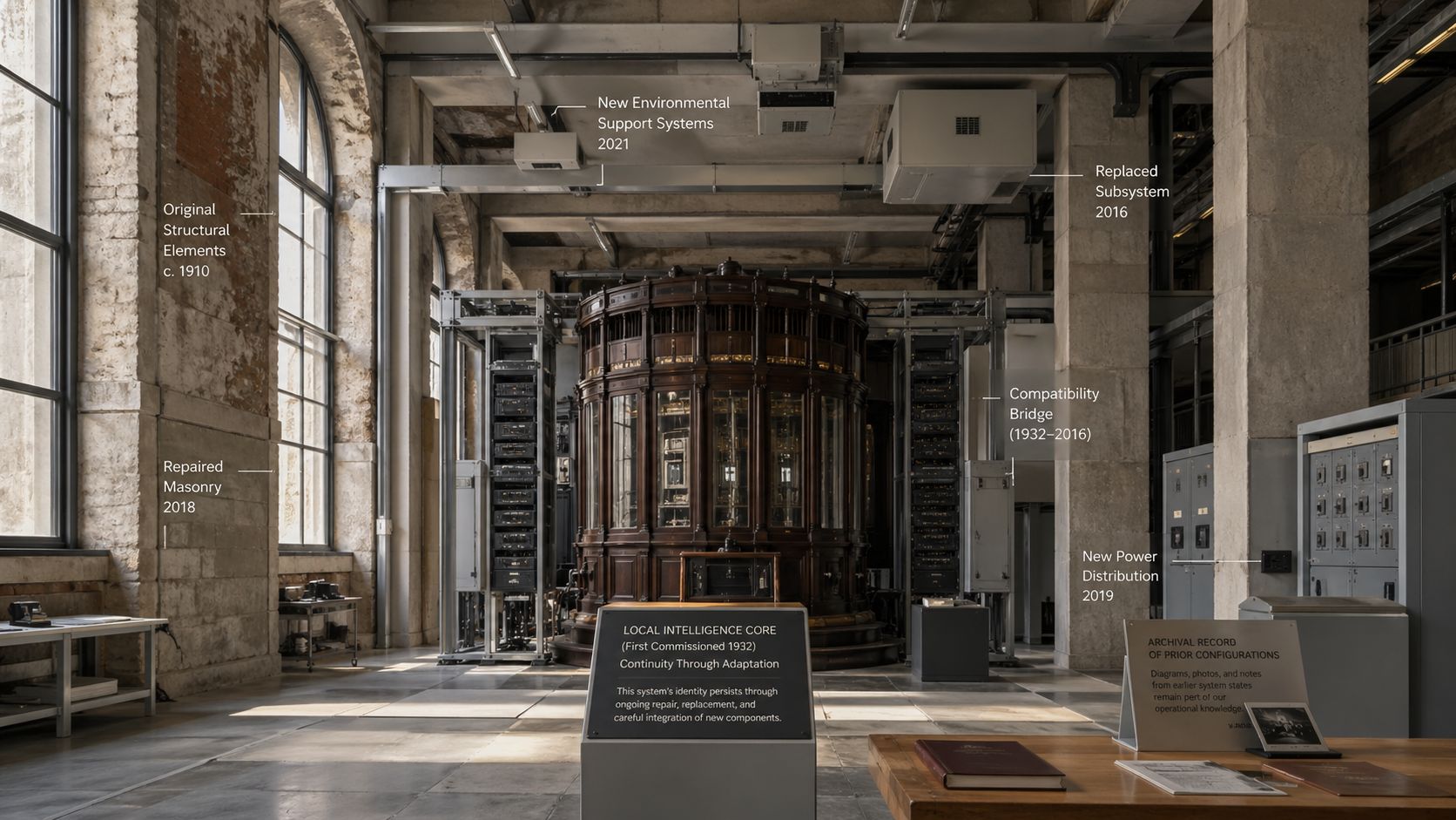 An old industrial intelligence core in a workshop with labels marking original structure, repairs, replacement systems, and compatibility bridges.