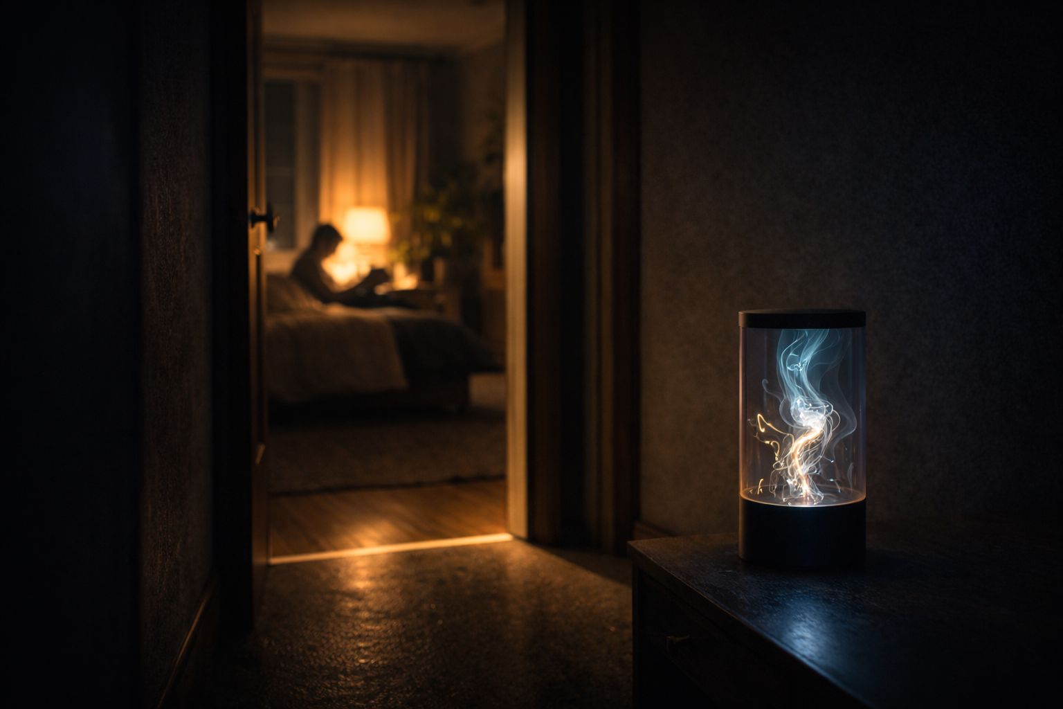 Image of a glowing cylindrical device on a table in a dark hallway, with a person reading in a lit room beyond.
