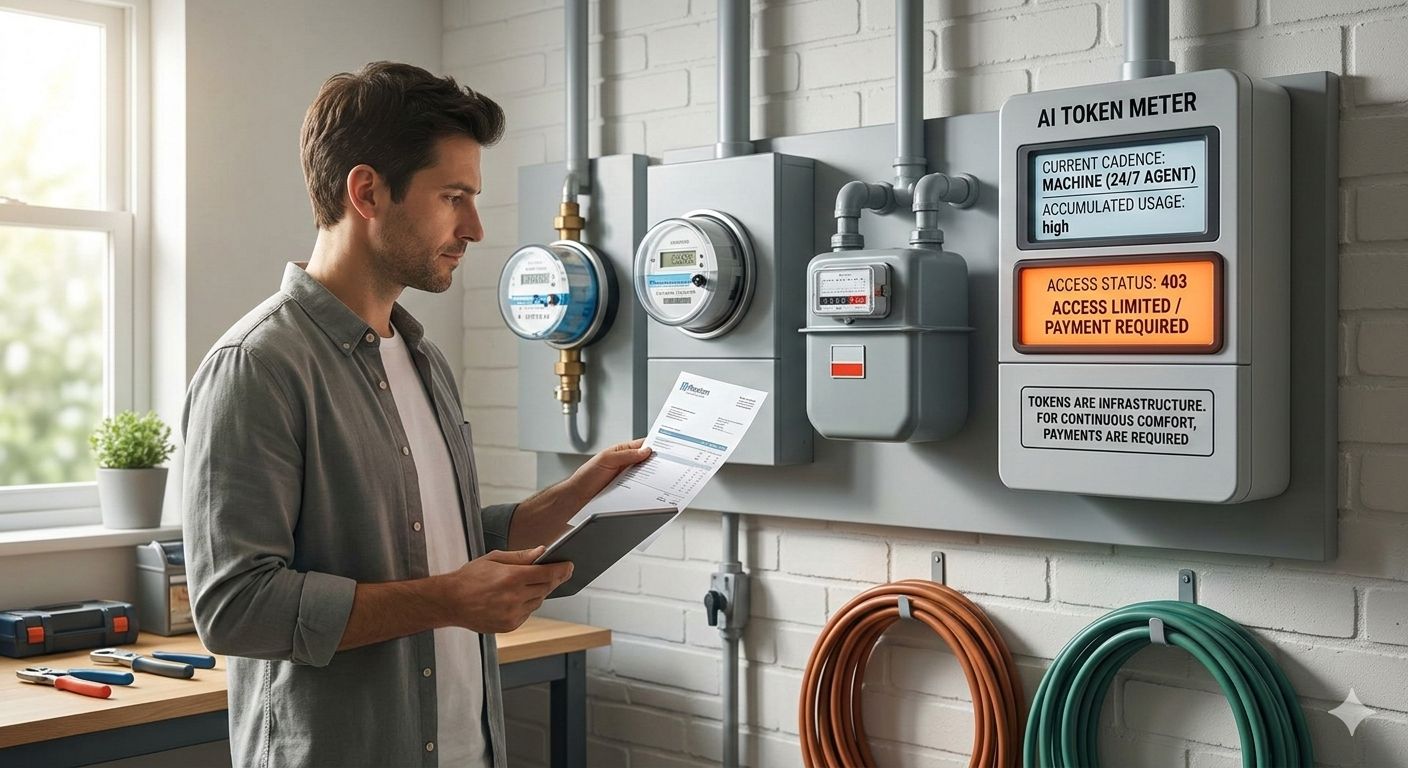 Image of a man holding papers beside wall-mounted utility meters and a display labeled AI Token Meter.