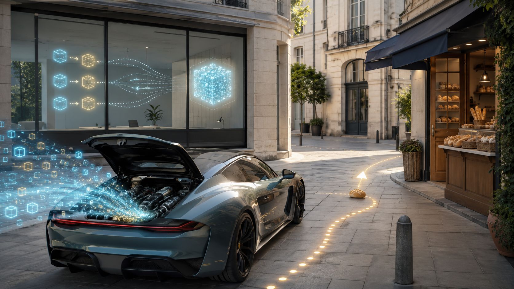 Sports car parked outside a bakery with its rear open, glowing data cubes flowing from the car toward an office display and a loaf of bread.