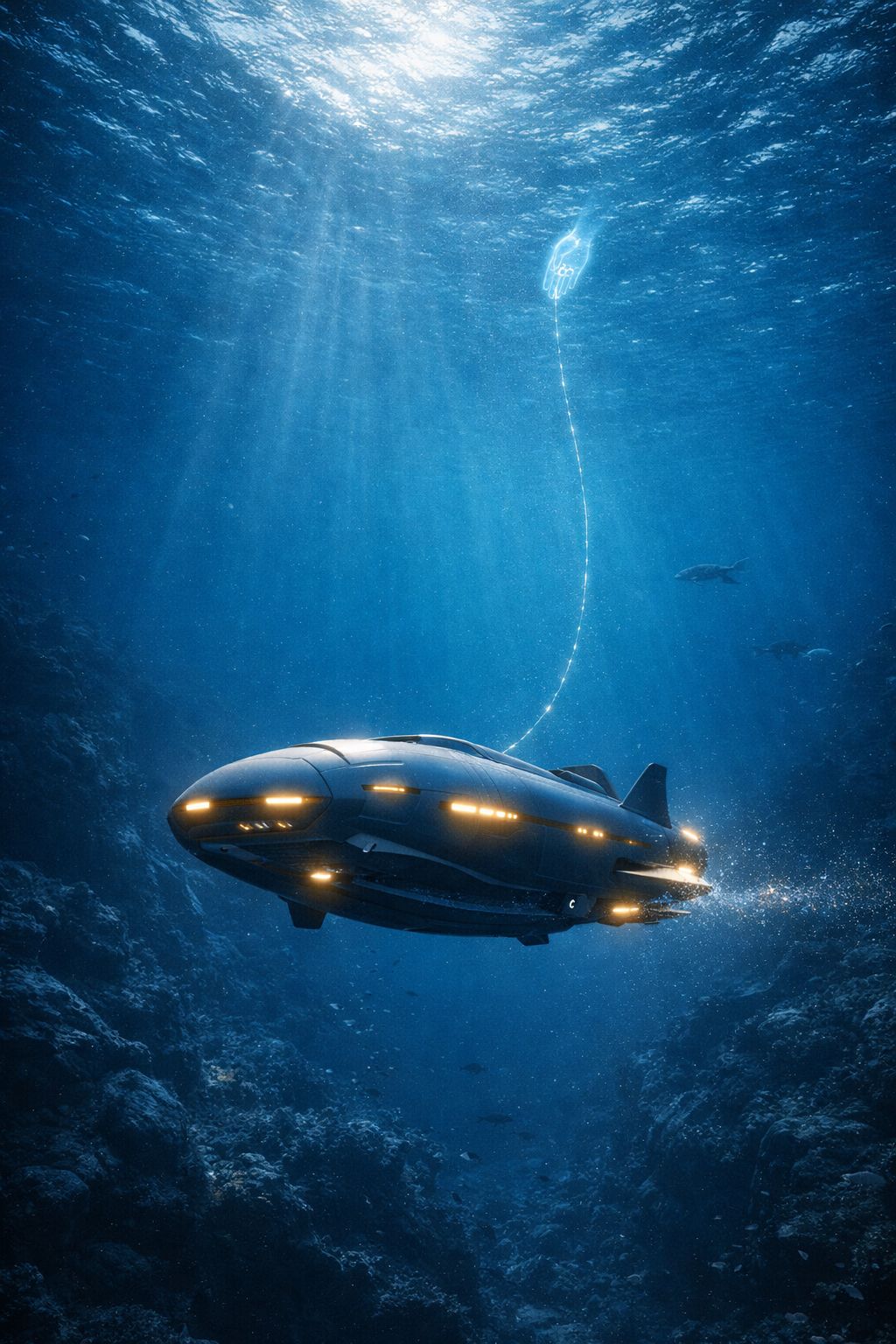 A submersible moving underwater beneath sunlit water, linked by a glowing line to a luminous hand shape near the surface.