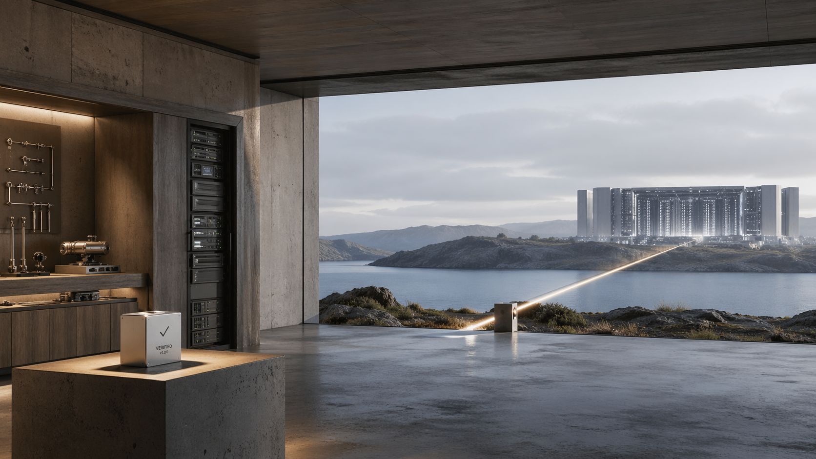 A workshop with tools and servers facing a distant data center across water, connected by a bright beam of light.