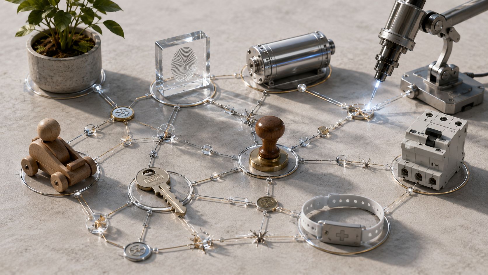 Network of a key, identity token, actuator, circuit breaker, medical wristband, and other objects on a work surface.