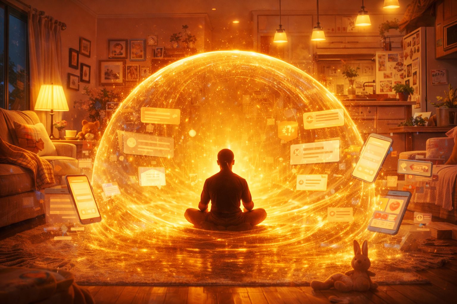 Illustration of a seated person inside a glowing bubble in a living room, surrounded by floating message panels and mobile devices.