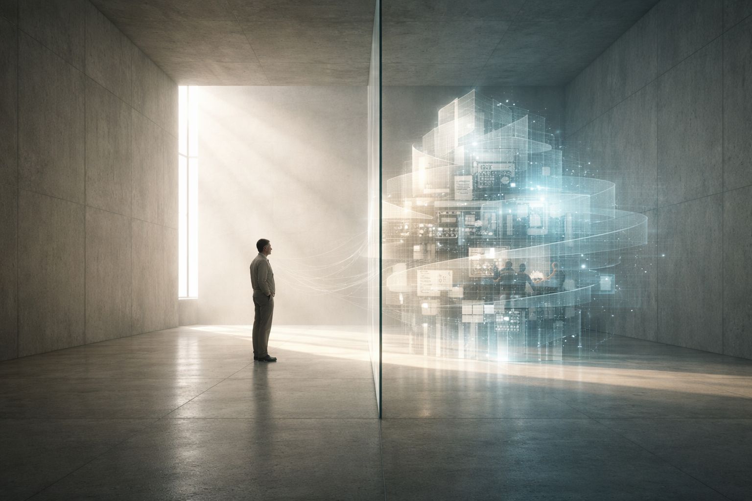 Illustration of a person standing in a concrete room facing a glowing layered data structure behind a glass partition.