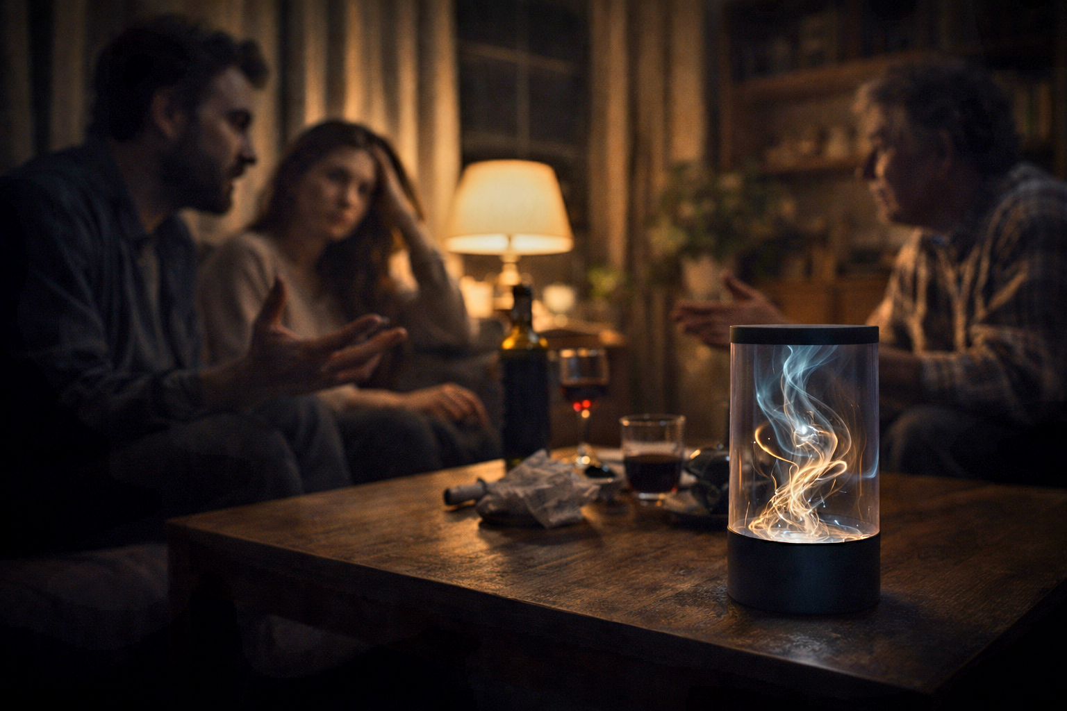 Image of three people in conversation in a dim living room, with a glowing cylindrical device on the table.