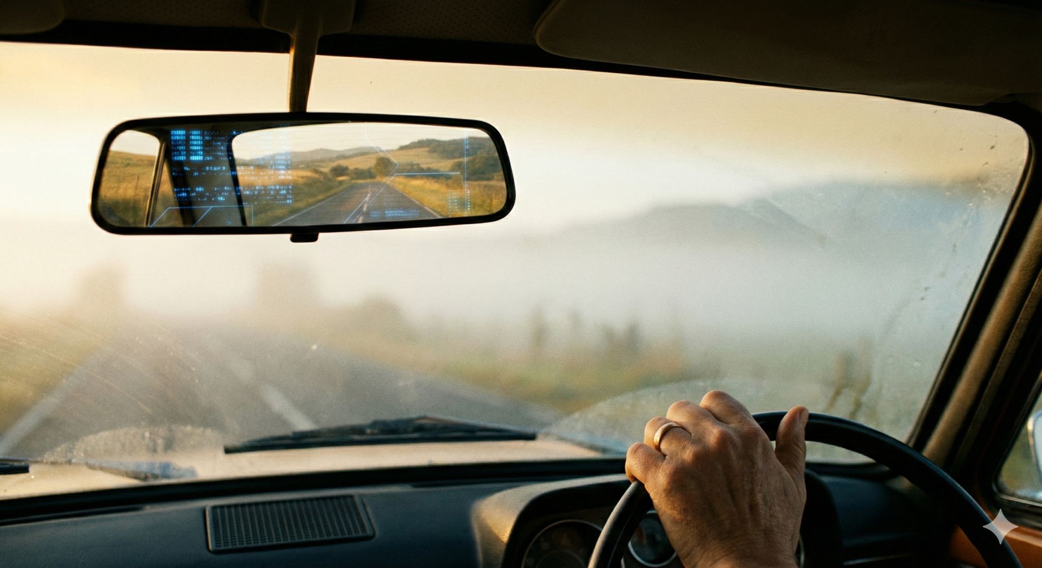 Image from inside a car with a driver's hand on the steering wheel, while a road and blue interface overlays appear in the rear-view mirror.