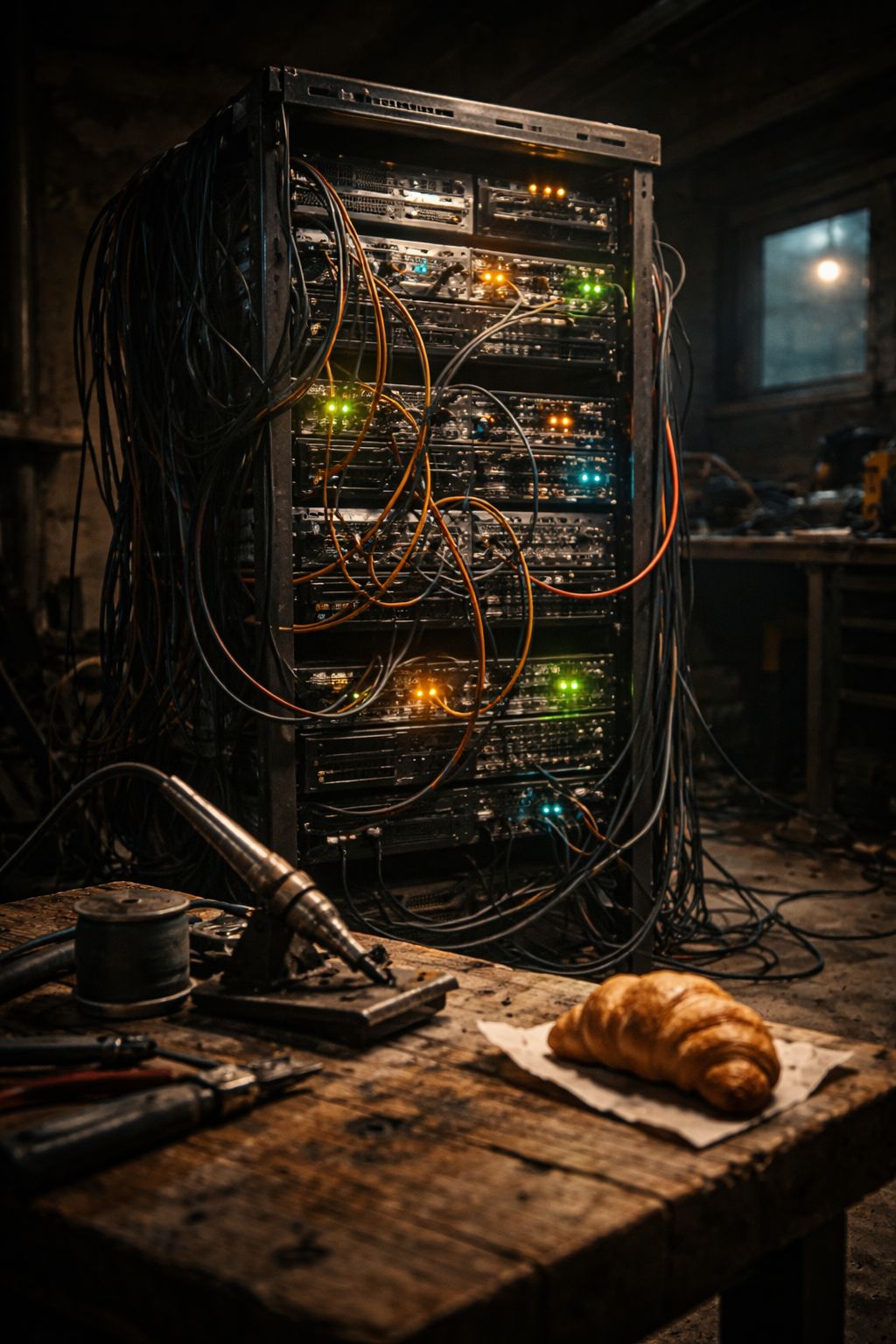 Image of a server rack with tangled cables in a dim workshop, with tools and a croissant on a table in the foreground.