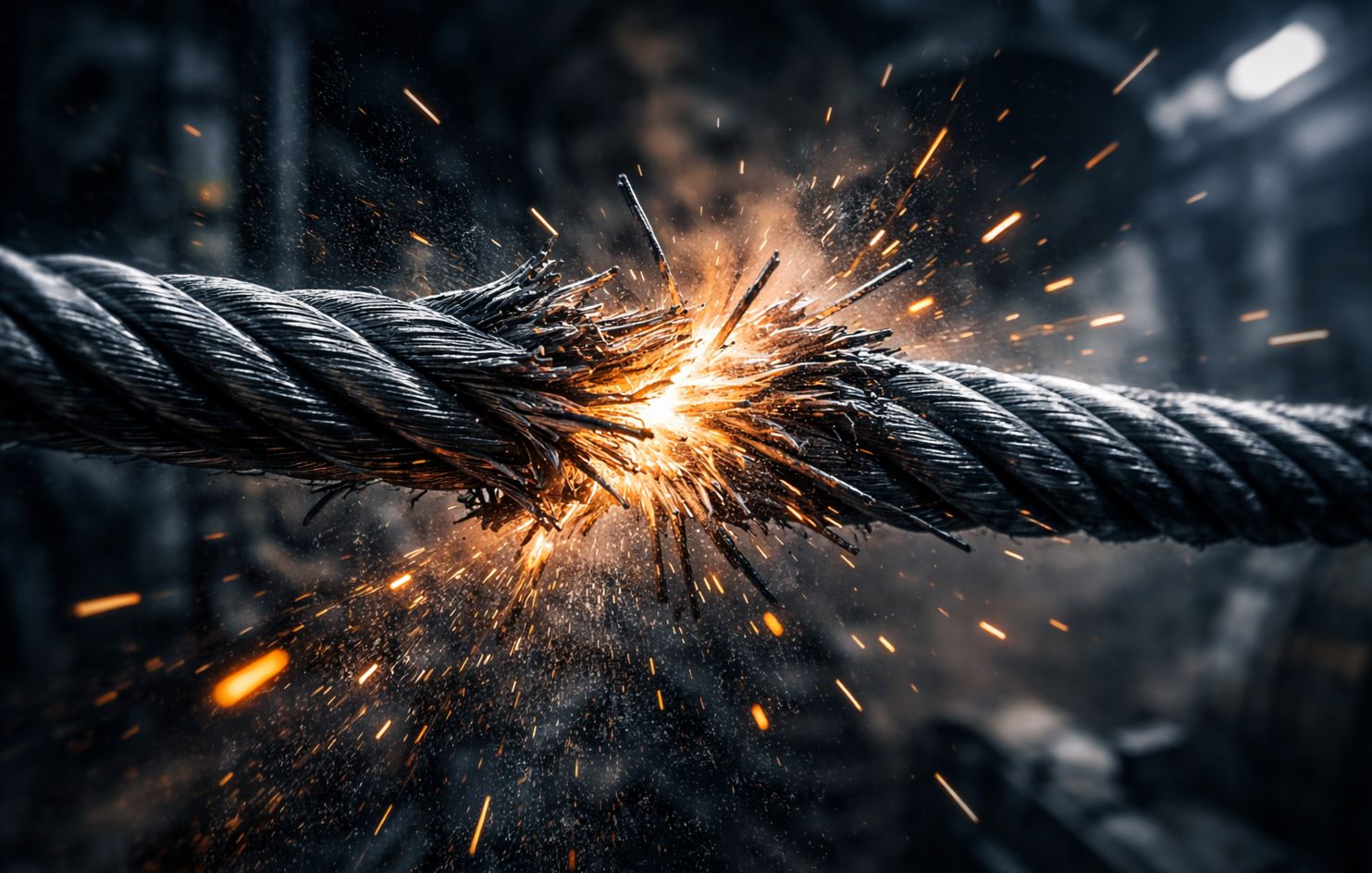 Image of a thick steel cable snapping with sparks at the break.