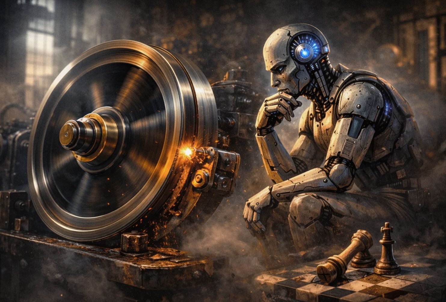 Image of a humanoid robot crouching beside a spinning industrial wheel, with chess pieces on a board in the foreground.