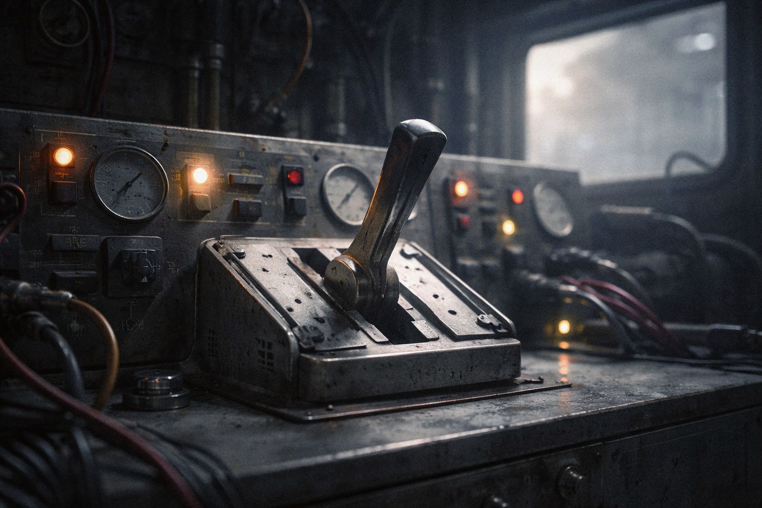 Image of a metal control lever on an industrial panel with lit gauges and switches.
