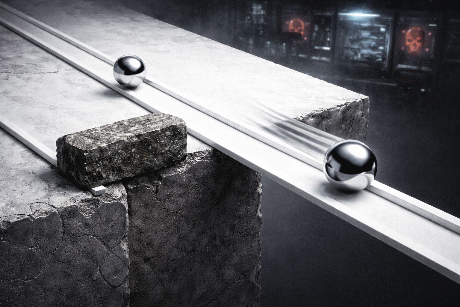 Image of two metal spheres on parallel rails above concrete blocks, with a stone block interrupting the path.