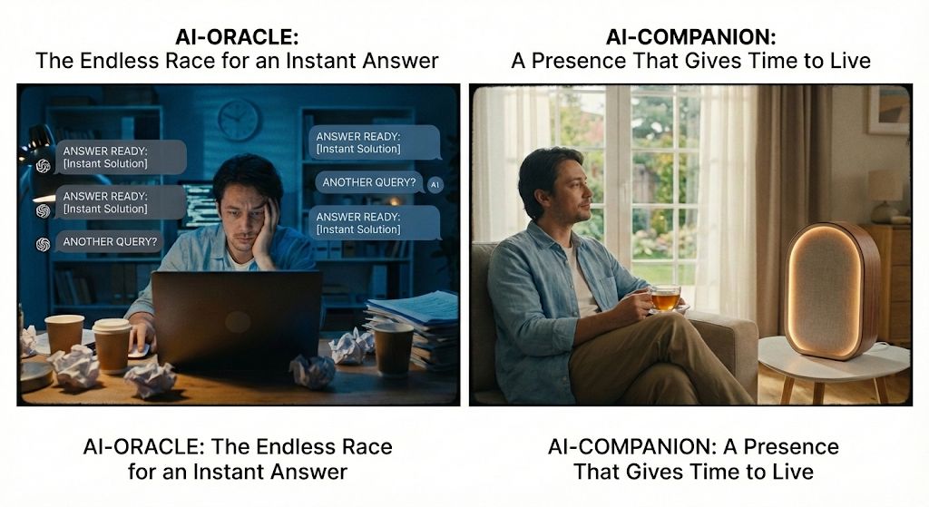 Split image of a tired person receiving instant-answer chat prompts on the left and a seated person with tea beside a glowing speaker on the right.