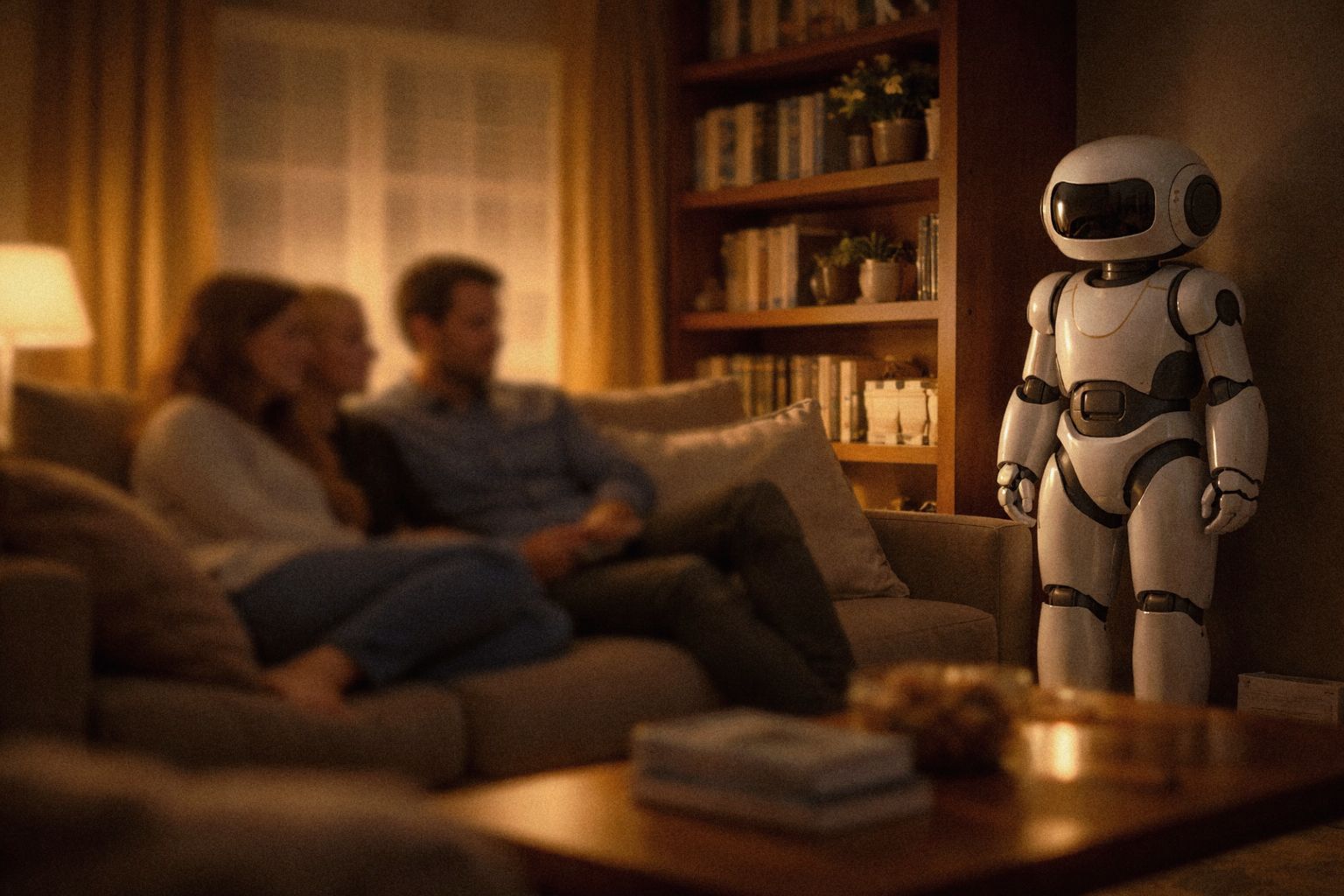 Image of a small humanoid robot standing in a living room beside a seated couple on a sofa.