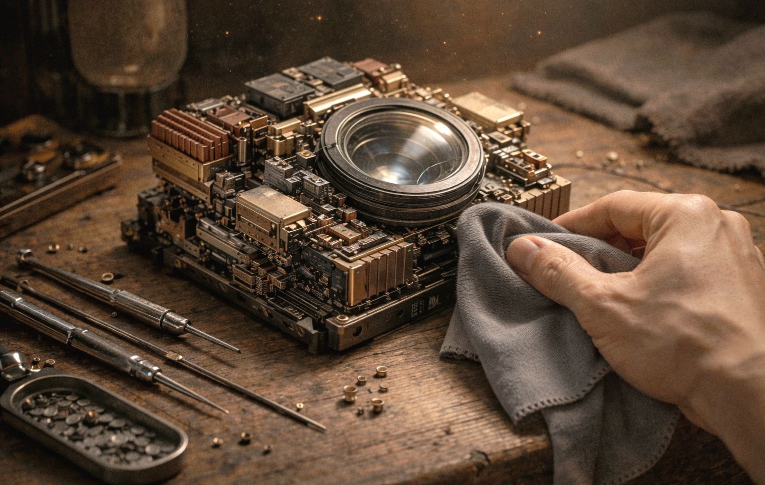 Image of a hand cleaning a cloth-wrapped component block topped with a camera lens on a workbench with tools.