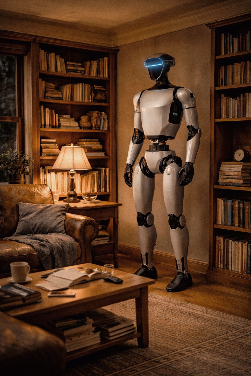 Image of a humanoid robot standing in a warmly lit living room lined with bookshelves.