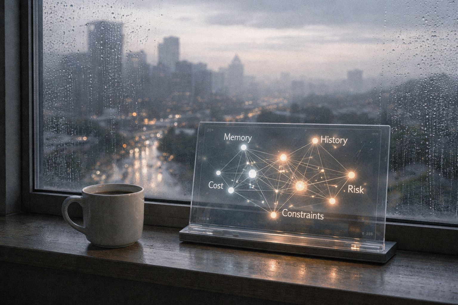 Image of a transparent panel labeled Memory, History, Cost, Constraints, and Risk on a rainy windowsill beside a mug overlooking a city.