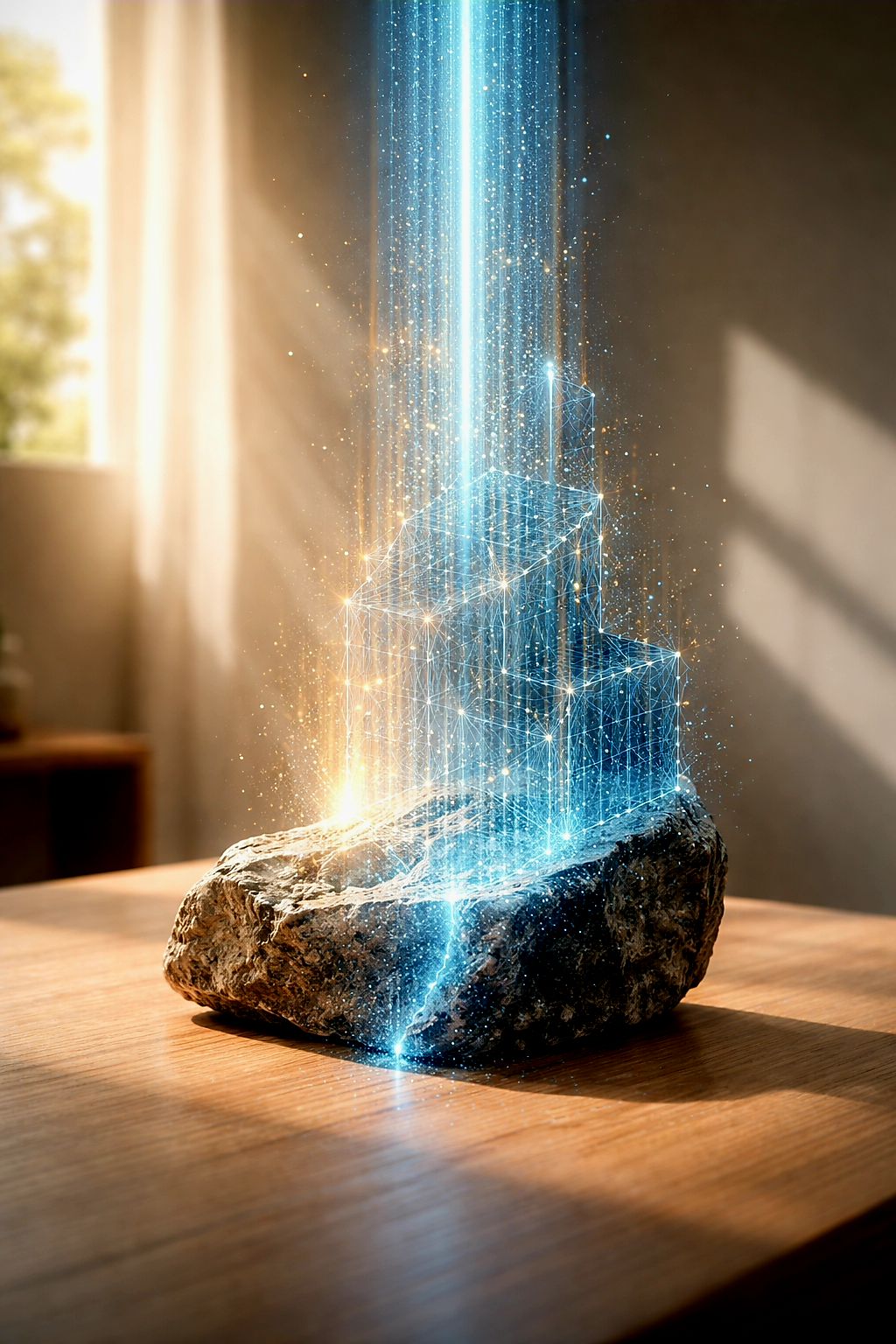 Illustration of a glowing blue geometric structure rising from a rock on a wooden table in a sunlit room.