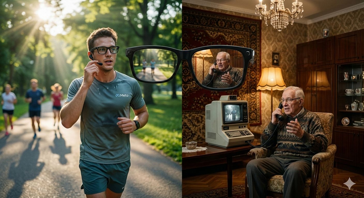 Composite image showing a man jogging in a park while speaking into a headset on the left, and an older man sitting indoors on a phone beside a computer on the right, connected by a large pair of glasses in the center.